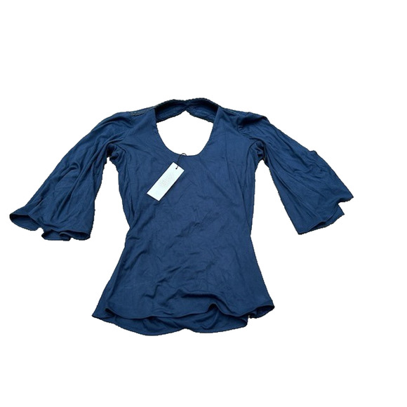 NWT Sky Womens Top 3/4 Flared Sleeve Scooped Neck Braided Navy Blue Size S - Picture 1 of 7